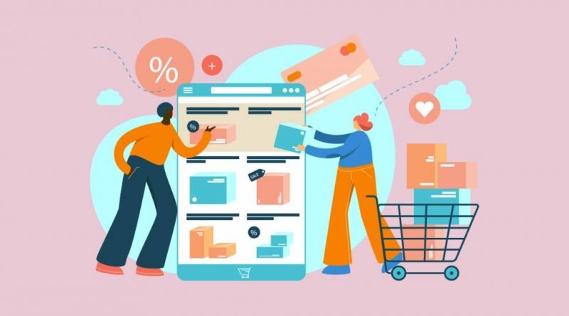 Grafica che mostra persone che acquistano online, riassumendo il concetto di e-commerce